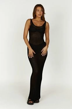 Abbey Ladder Knit Cowl Maxi Dress - Black
