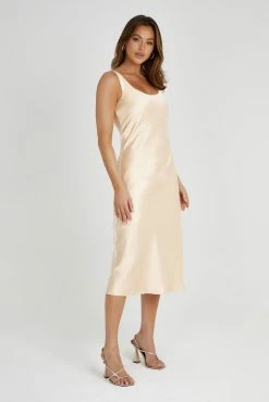 Tamara Satin Iridescent Slip Midi Dress - Apricot -Meshki Shop 20230511 meshki ecomm deesee7233