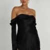 Giselle Off Shoulder Satin Mini Dress - Black 2 Giselle Off Shoulder Satin Mini Dress - Black -Meshki Shop 20230515 meshki ecomm new reshoots10329