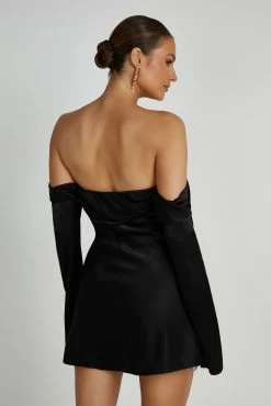 Giselle Off Shoulder Satin Mini Dress - Black -Meshki Shop 20230515 meshki ecomm new reshoots10339