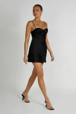 Zahli Top Stitch Satin Mini Dress - Black -Meshki Shop 20230602 meshki ecomm eofy0268