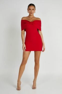 Gwyneth Off Shoulder Bow Mini Dress - Red -Meshki Shop 20230602 meshki ecomm eofy1682