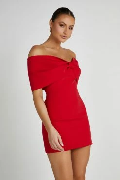 Gwyneth Off Shoulder Bow Mini Dress - Red -Meshki Shop 20230602 meshki ecomm eofy1698