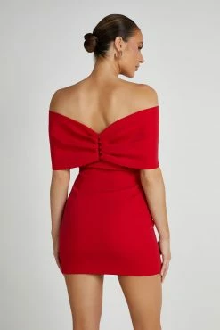 Gwyneth Off Shoulder Bow Mini Dress - Red -Meshki Shop 20230602 meshki ecomm eofy1718