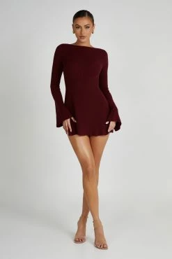 Zahra Long Sleeve Open Back Mini Knit Dress - Berry -Meshki Shop 20230608 meshki july collection0412