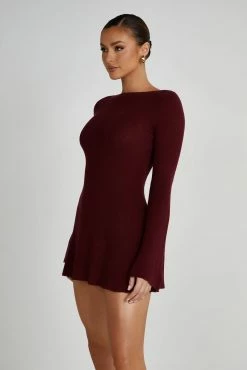 Zahra Long Sleeve Open Back Mini Knit Dress - Berry -Meshki Shop 20230608 meshki july collection0429