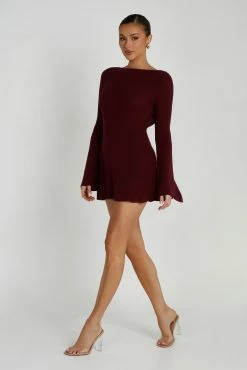 Zahra Long Sleeve Open Back Mini Knit Dress - Berry -Meshki Shop 20230608 meshki july collection0437