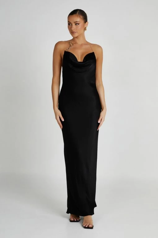 Melissa Satin Cowl Front Maxi Dress - Black -Meshki Shop 20230608 meshki july collection0907