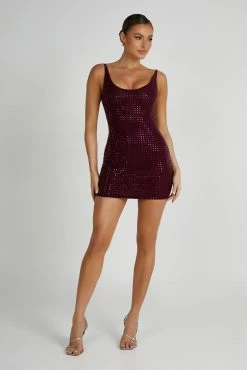 BSD Presley Square Diamante Mini Dress - Berry -Meshki Shop 20230608 meshki july collection1115