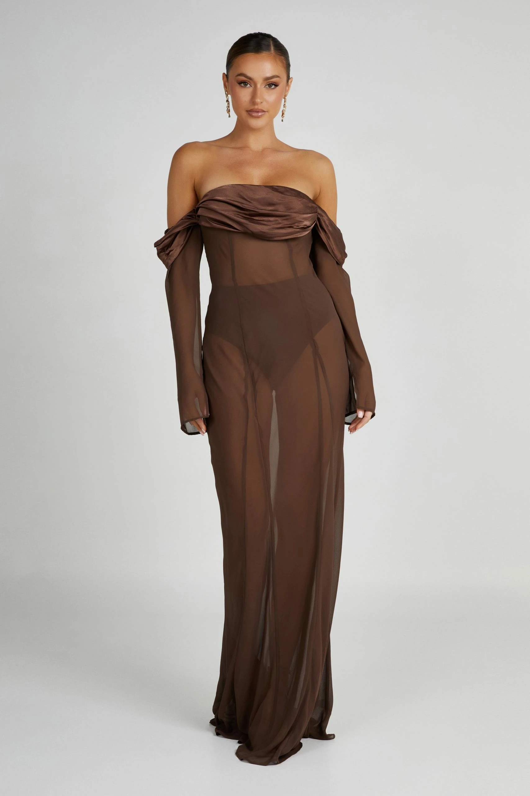 Ivanna Off Shoulder Chiffon Maxi Dress - Mocha 2 Ivanna Off Shoulder Chiffon Maxi Dress - Mocha