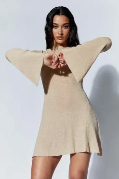 Zahra Long Sleeve Open Back Mini Knit Dress - Wheat -Meshki Shop 220712 MESHKI ECOM AM 0744