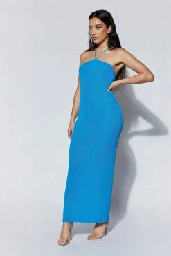 Aryana Asymmetrical Straight Maxi Halter Knit Dress - Azure Blue -Meshki Shop 220712 MESHKI ECOM PM 0115