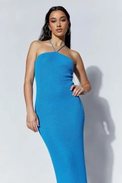 Aryana Asymmetrical Straight Maxi Halter Knit Dress - Azure Blue -Meshki Shop 220712 MESHKI ECOM PM 0125