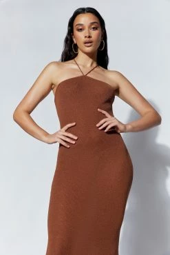 Aryana Asymmetrical Straight Maxi Halter Knit Dress - Clay -Meshki Shop 220712 MESHKI ECOM PM 0157