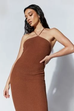 Aryana Asymmetrical Straight Maxi Halter Knit Dress - Clay -Meshki Shop 220712 MESHKI ECOM PM 0161