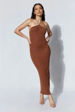 Aryana Asymmetrical Straight Maxi Halter Knit Dress - Clay -Meshki Shop 220712 MESHKI ECOM PM 0163