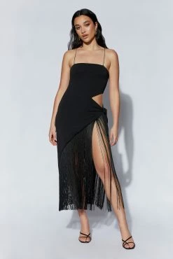 Yasmin Wrap Over Midi Dress With Fringing - Black 13 Yasmin Wrap Over Midi Dress With Fringing - Black -Meshki Shop 220713 MESHKI ECOM PM 01636