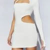 Kat One Shoulder Glove Mini Dress With Cut Out - White -Meshki Shop 220810 Meshki Ecom 0951