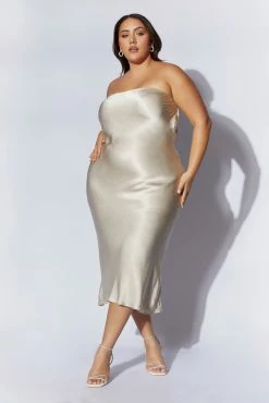 Mischa Strapless Midi Dress With Lace Detailing - Champagne 21 Mischa Strapless Midi Dress With Lace Detailing - Champagne -Meshki Shop 220811 Meshki Ecom 0407