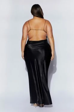 Sadie Maxi Satin Halter Ruched Slip Dress - Black -Meshki Shop 220811 Meshki Ecom 0649