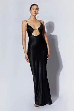 Sadie Maxi Satin Halter Ruched Slip Dress - Black -Meshki Shop 220811 Meshki Ecom 0710