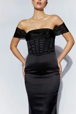 Everly Off Shoulder Organza Satin Maxi Dress - Black 18 Everly Off Shoulder Organza Satin Maxi Dress - Black -Meshki Shop 220811 Meshki Ecom 0837