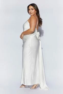 Kailey Low Back Maxi Dress With Detachable Bow Train - White -Meshki Shop 220811 Meshki Ecom 1085