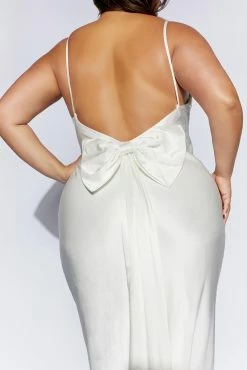 Kailey Low Back Maxi Dress With Detachable Bow Train - White -Meshki Shop 220811 Meshki Ecom 1095