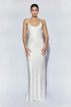 Kailey Low Back Maxi Dress With Detachable Bow Train - White -Meshki Shop 220811 Meshki Ecom 1111