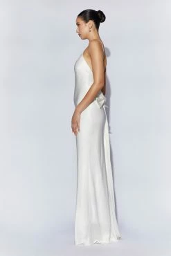 Kailey Low Back Maxi Dress With Detachable Bow Train - White -Meshki Shop 220811 Meshki Ecom 1125