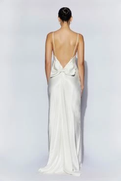 Kailey Low Back Maxi Dress With Detachable Bow Train - White -Meshki Shop 220811 Meshki Ecom 1131