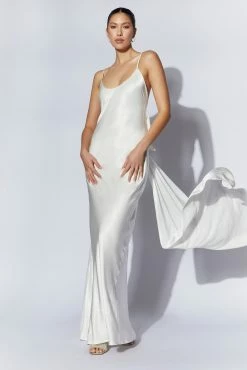 Kailey Low Back Maxi Dress With Detachable Bow Train - White -Meshki Shop 220811 Meshki Ecom 1172