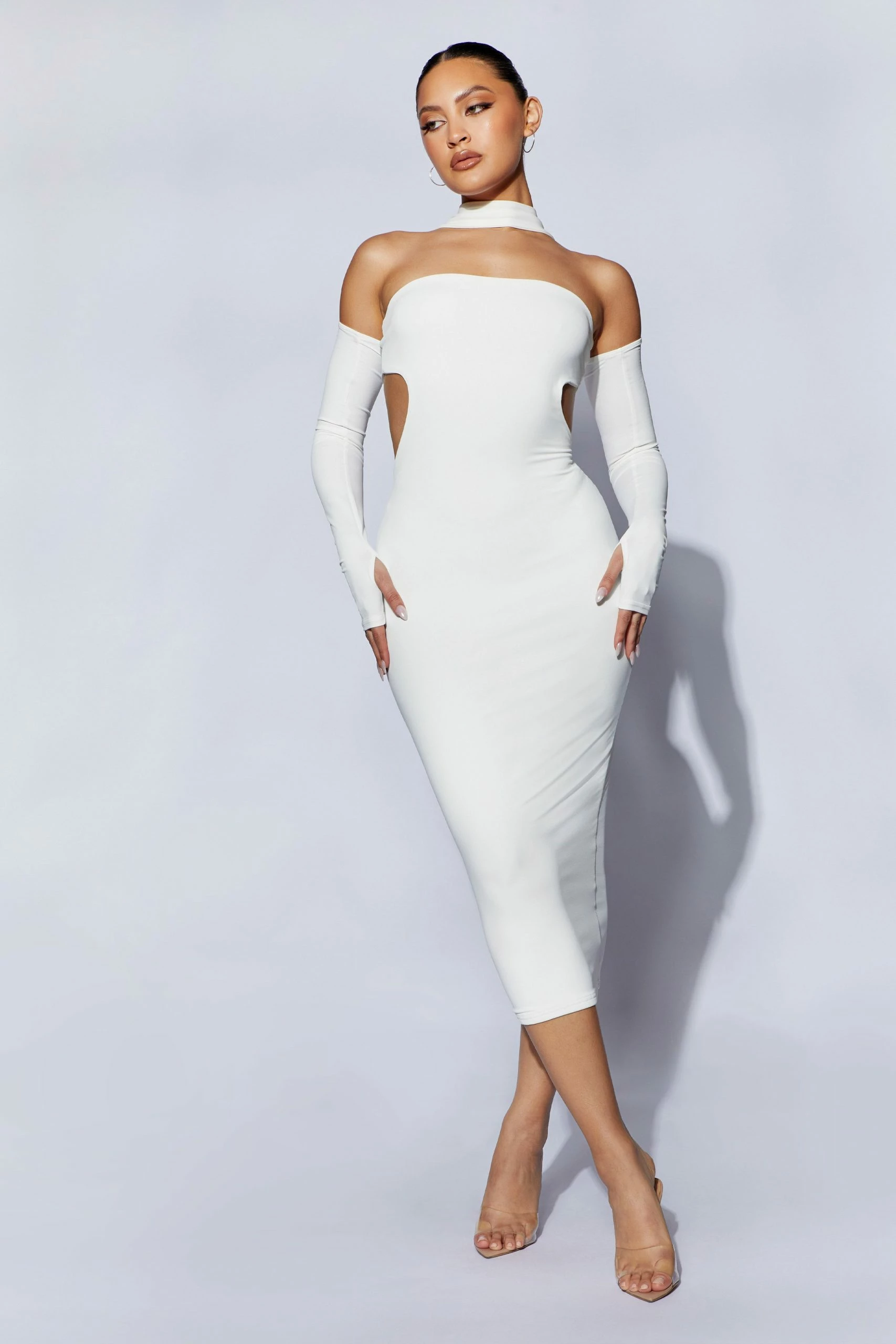 Demie Neckband Midi Dress With Fingerless Gloves - White 3 Demie Neckband Midi Dress With Fingerless Gloves - White