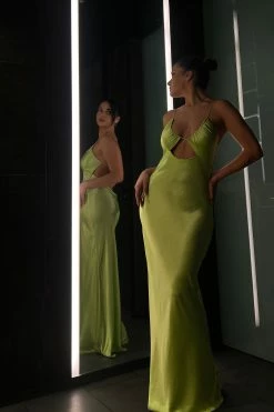 Sadie Maxi Satin Halter Ruched Slip Dress - Pistachio Green