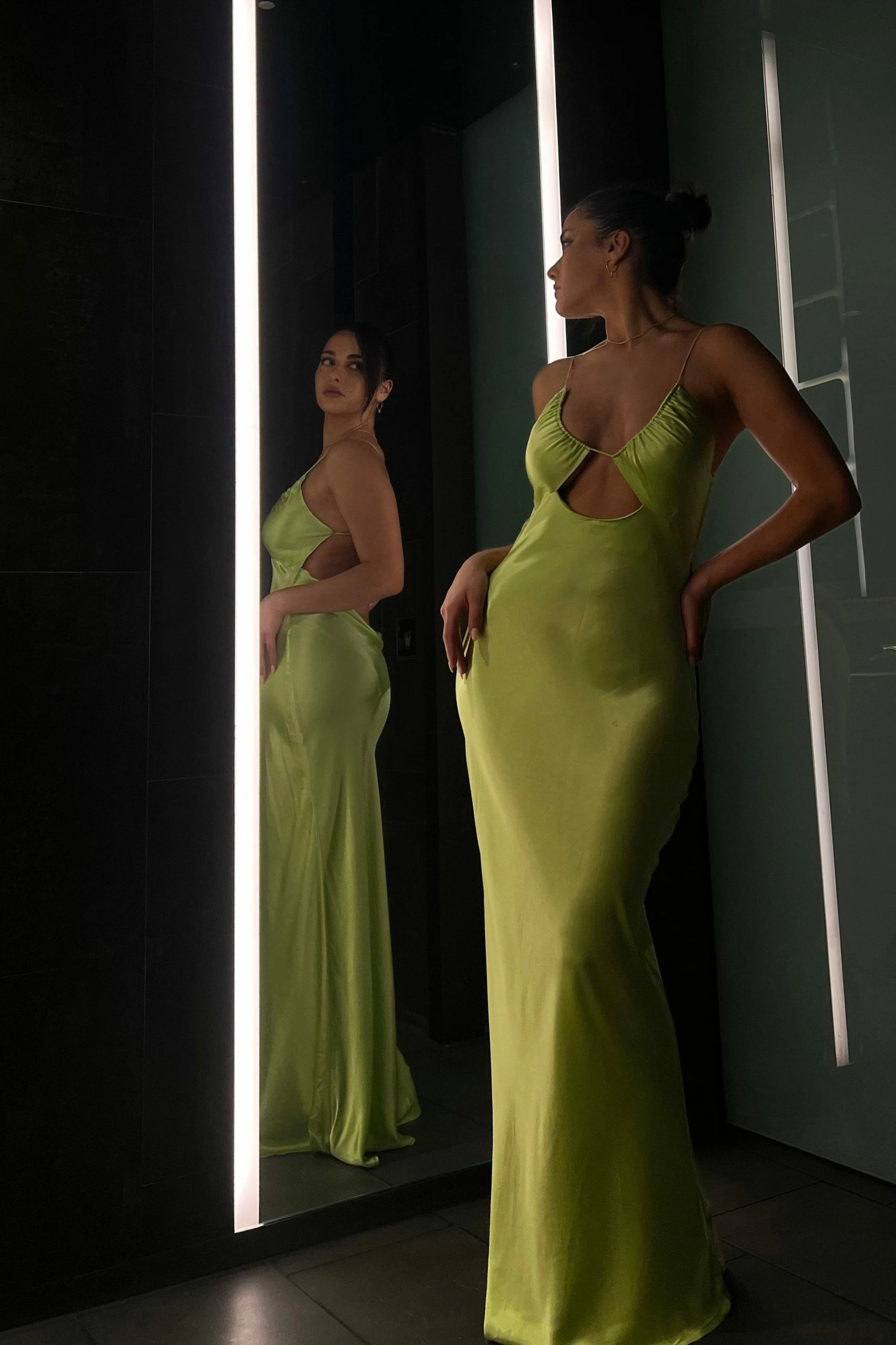 Sadie Maxi Satin Halter Ruched Slip Dress - Pistachio Green 3 Sadie Maxi Satin Halter Ruched Slip Dress - Pistachio Green