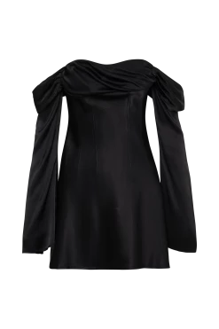 Giselle Off Shoulder Satin Mini Dress - Black -Meshki Shop B792023.03.29MESHKI335