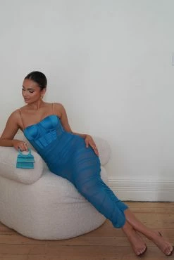 Tiarne Satin And Mesh Corset Midi Dress - Marine Blue -Meshki Shop DSC09476