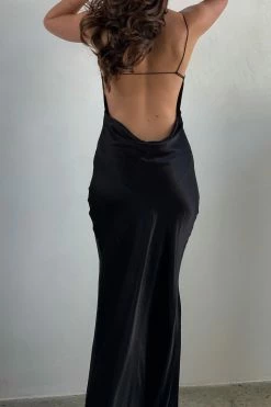 Sadie Maxi Satin Halter Ruched Slip Dress - Black