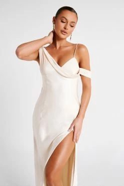 Soleil Satin Off Shoulder Maxi Dress - Ivory 16 Soleil Satin Off Shoulder Maxi Dress - Ivory -Meshki Shop MESHKI ECOM JUL23 MAXIMISATIONS KATIE DAY02 S09 029