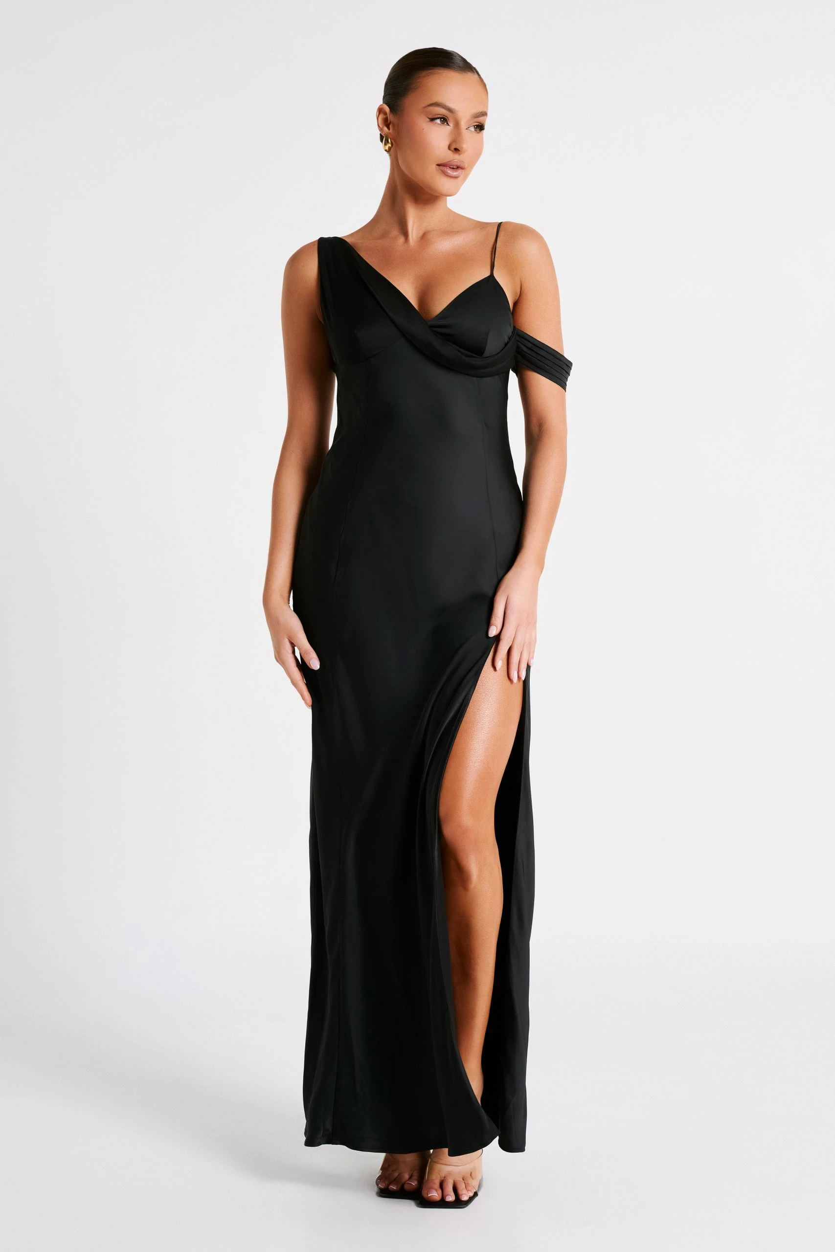 Soleil Satin Off Shoulder Maxi Dress - Black 3 Soleil Satin Off Shoulder Maxi Dress - Black