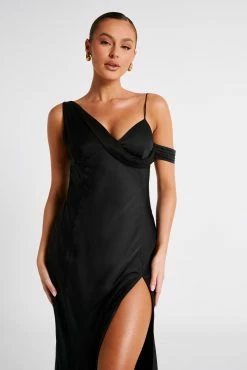 Soleil Satin Off Shoulder Maxi Dress - Black 16 Soleil Satin Off Shoulder Maxi Dress - Black -Meshki Shop MESHKI ECOM JUL23 MAXIMISATIONS KATIE DAY02 S11 031