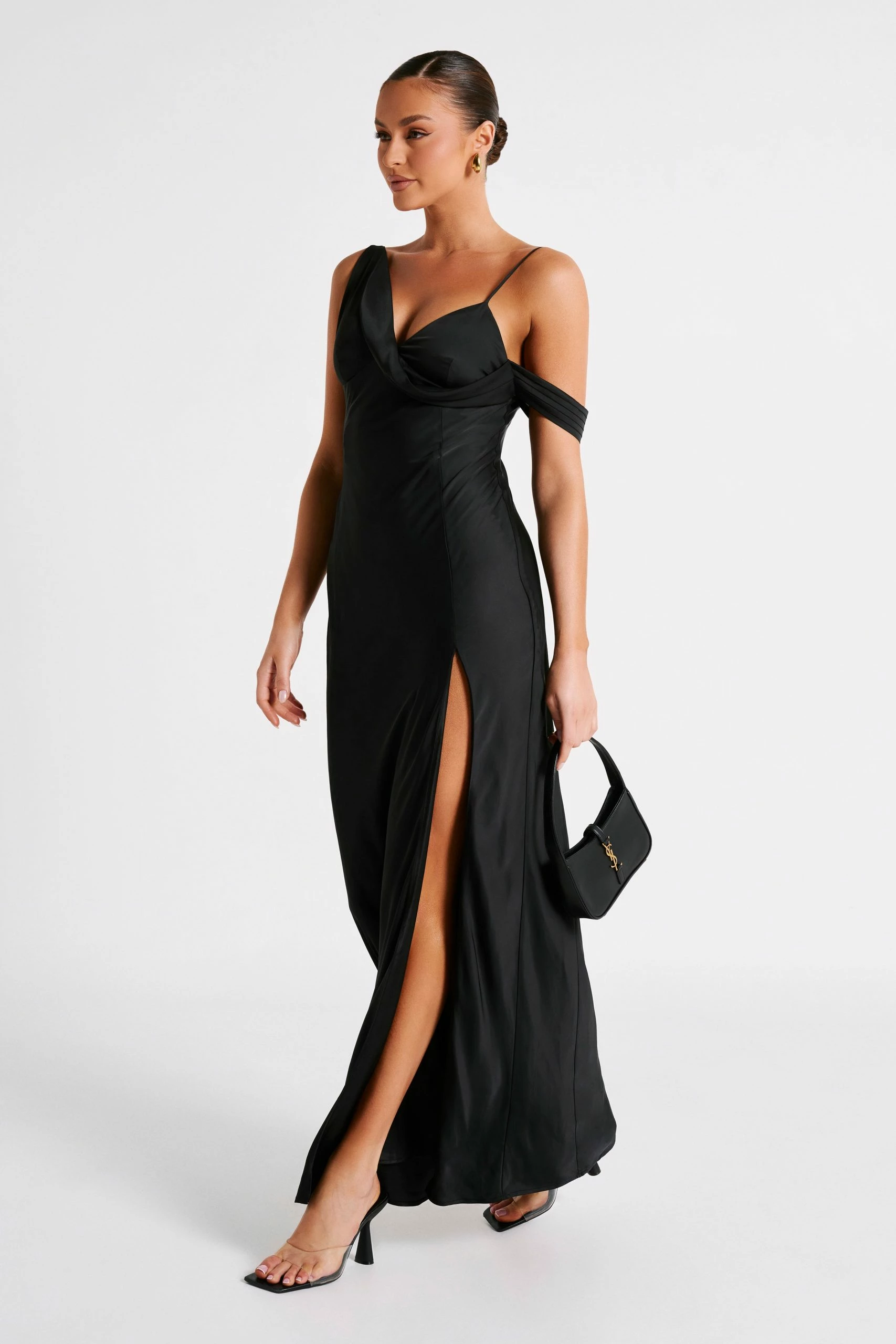 Soleil Satin Off Shoulder Maxi Dress - Black 6 Soleil Satin Off Shoulder Maxi Dress - Black - Image 4