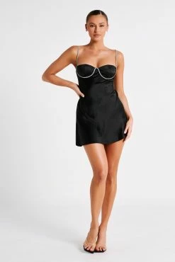 Elora Satin Cupped Mini Dress With Diamante Rope - Black -Meshki Shop MESHKI ECOM JUL23 MAXIMISATIONS KATIE DAY02 S13 009