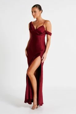 Soleil Satin Off Shoulder Maxi Dress - Berry 16 Soleil Satin Off Shoulder Maxi Dress - Berry -Meshki Shop MESHKI ECOM JUL23 MAXIMISATIONS KATIE DAY02 S17 025