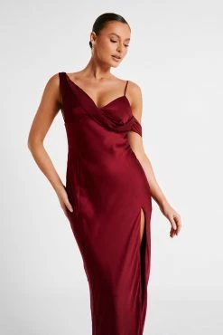 Soleil Satin Off Shoulder Maxi Dress - Berry 17 Soleil Satin Off Shoulder Maxi Dress - Berry -Meshki Shop MESHKI ECOM JUL23 MAXIMISATIONS KATIE DAY02 S17 037