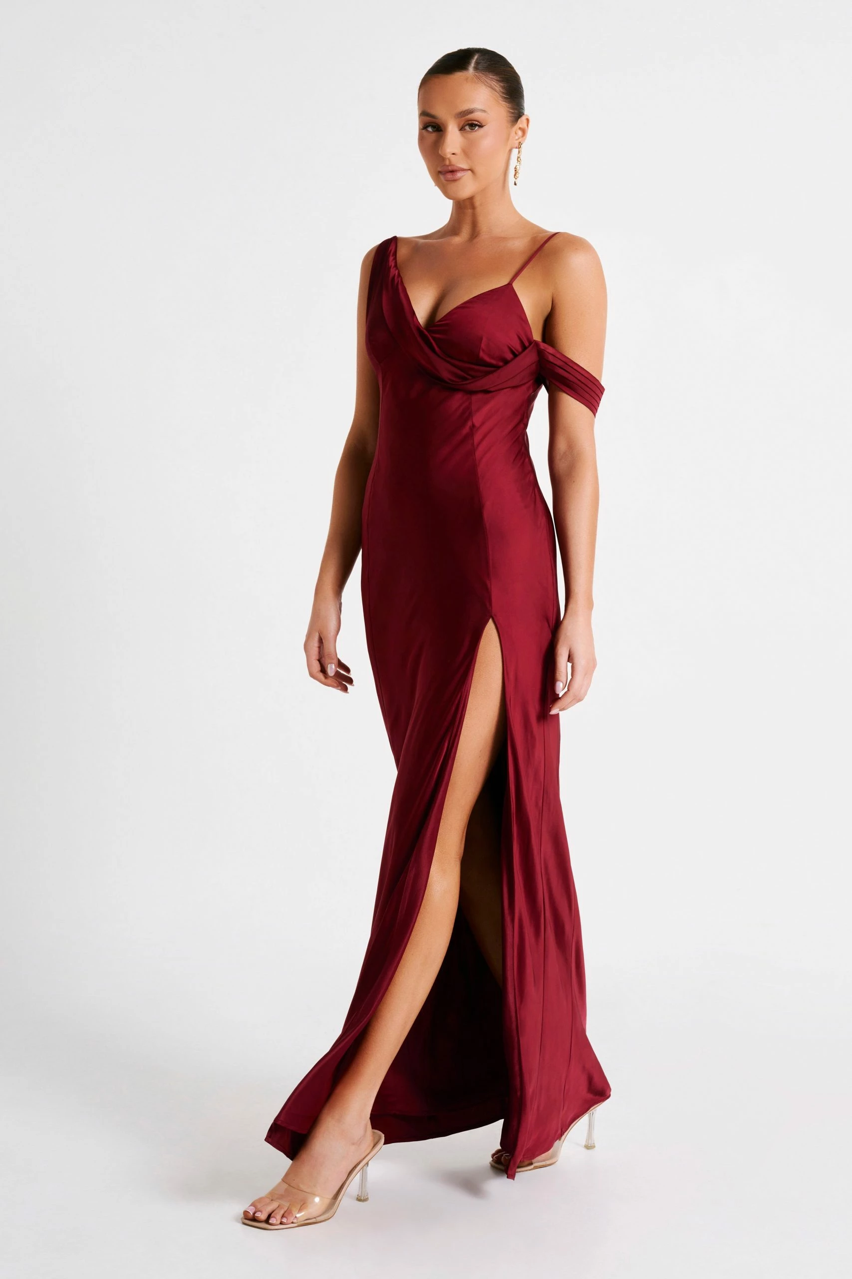 Soleil Satin Off Shoulder Maxi Dress - Berry 6 Soleil Satin Off Shoulder Maxi Dress - Berry - Image 4