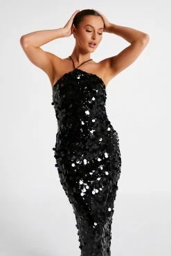 BSD April Sequin Halter Maxi Dress - Black -Meshki Shop MESHKI ECOM JUL23 MAXIMISATIONS KATIE DAY02 S26 037