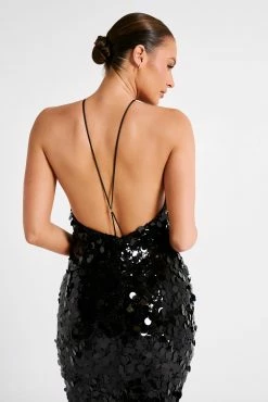 BSD April Sequin Halter Maxi Dress - Black -Meshki Shop MESHKI ECOM JUL23 MAXIMISATIONS KATIE DAY02 S26 051