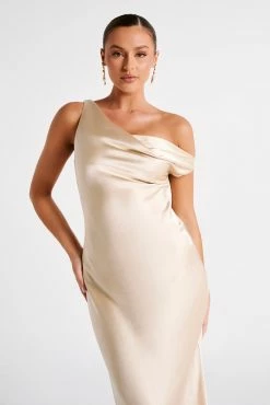 Yvette Slip Maxi Dress With Asymmetrical Hem - Gold -Meshki Shop MESHKI ECOM JUL23 MAXIMISATIONS KATIE DAY02 S33 046
