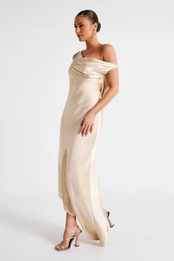 Yvette Slip Maxi Dress With Asymmetrical Hem - Gold -Meshki Shop MESHKI ECOM JUL23 MAXIMISATIONS KATIE DAY02 S33 067